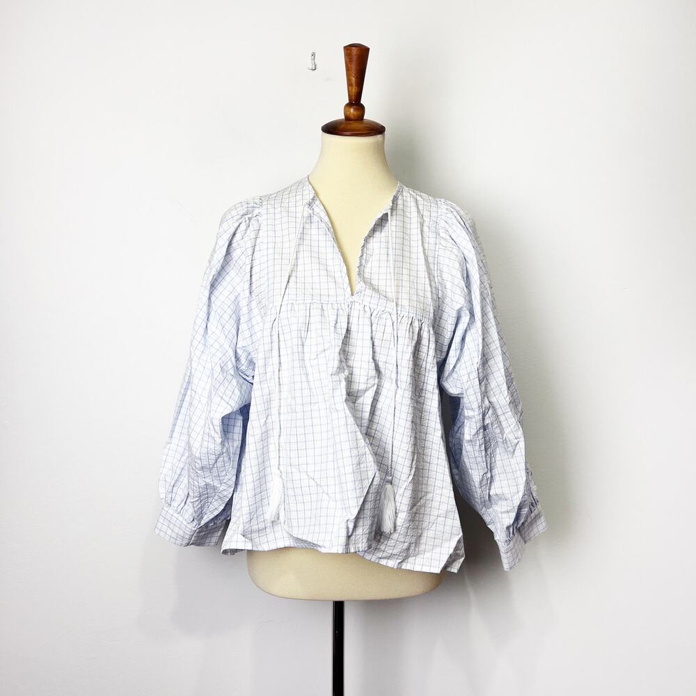 La Roque blue & white checkered plaid long sleeve top shirt blouse Size XS